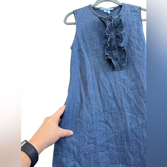 Draper James Women's Sleeveless Belted Demi Ruffled Chambray Dress Size Small - Picture 5 of 10